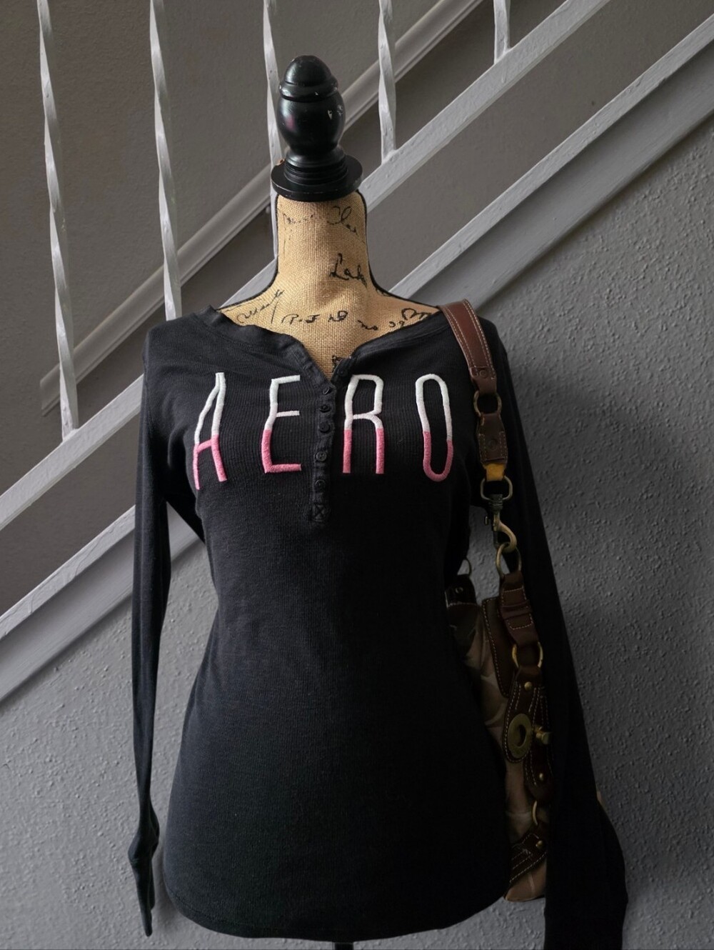 Aeropostale black henley top with pink lettering Size XL